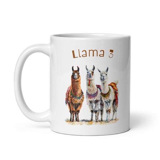 3 Llama 3 Llamas White Glossy Mug - 11 oz - AI Store