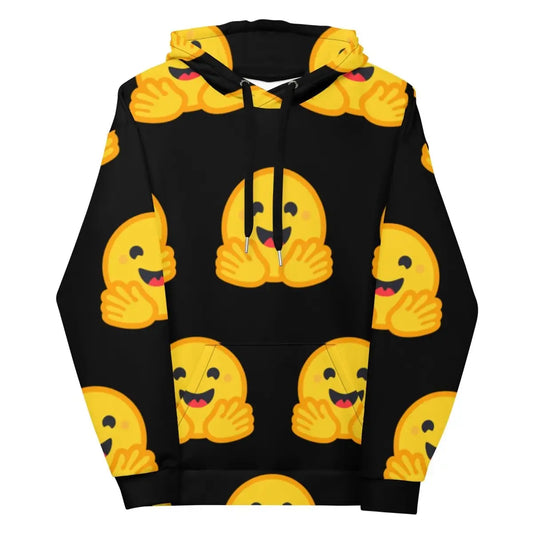 All-Over Print Hugging Face Icon Hoodie (unisex) - 2XS / Black/Yellow/Orange/Red