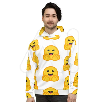 All-Over Print White Hugging Face Icon Hoodie (unisex)