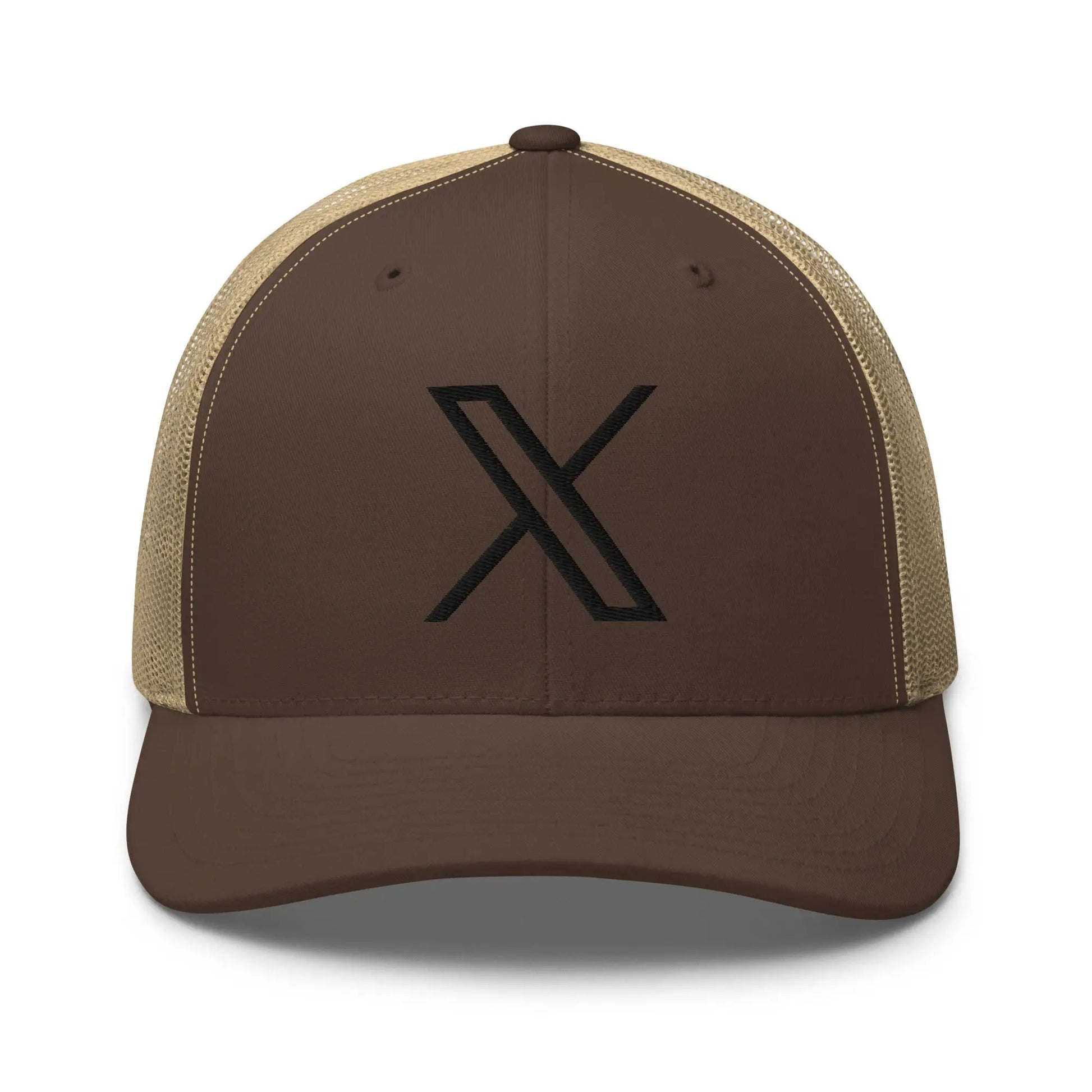 Black 𝕏 Embroidered Trucker Cap - Brown/ Khaki