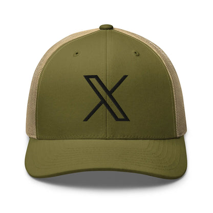 Black 𝕏 Embroidered Trucker Cap - Moss/ Khaki