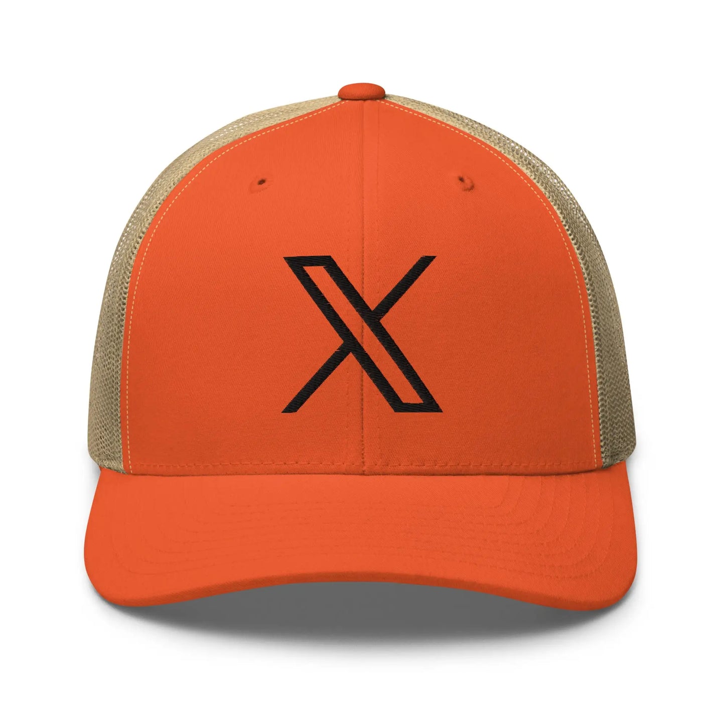 Black 𝕏 Embroidered Trucker Cap - Rustic Orange/ Khaki