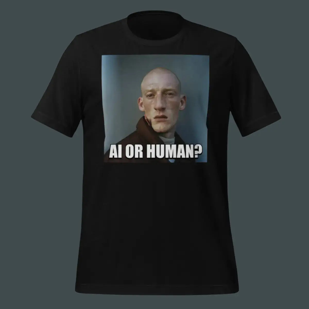 The Ai or Human? Portrait Meme T-shirt (unisex).