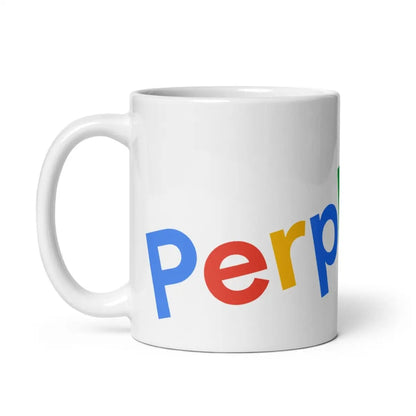 Tilted Perplexity Search Logo on White Glossy Mug - 11 oz