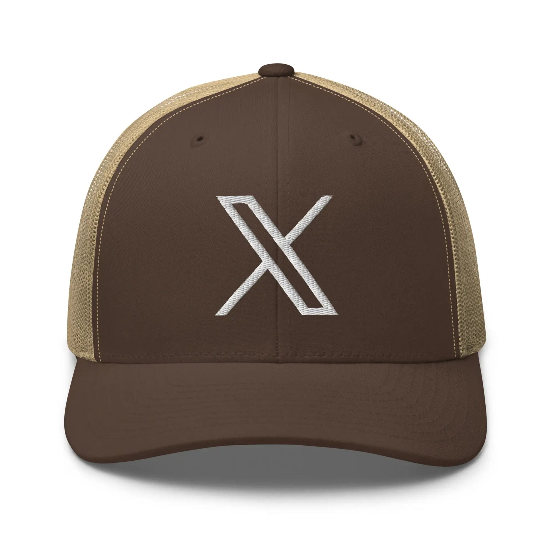 𝕏 Embroidered Trucker Cap - Brown/ Khaki