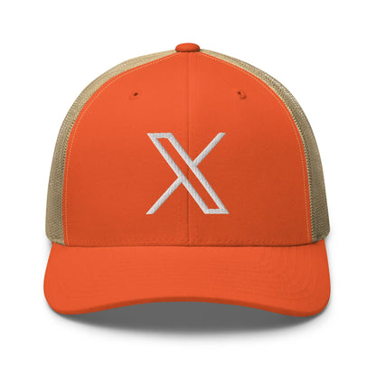 𝕏 Embroidered Trucker Cap - Rustic Orange/ Khaki