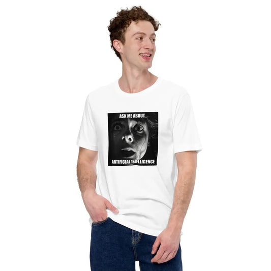 The Ask me About Artificial Intelligence Horror Meme T-shirt (unisex).