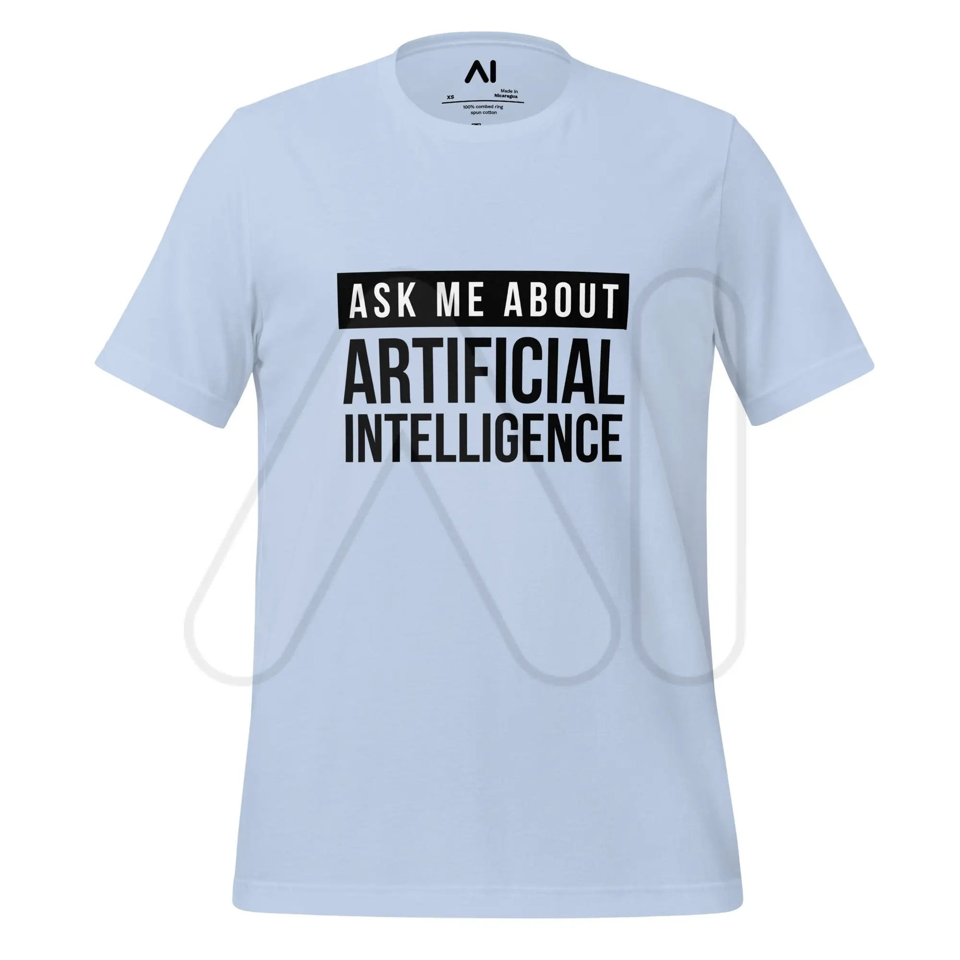 Ask Me About Artificial Intelligence in Black T-Shirt (unisex) - Baby Blue / M