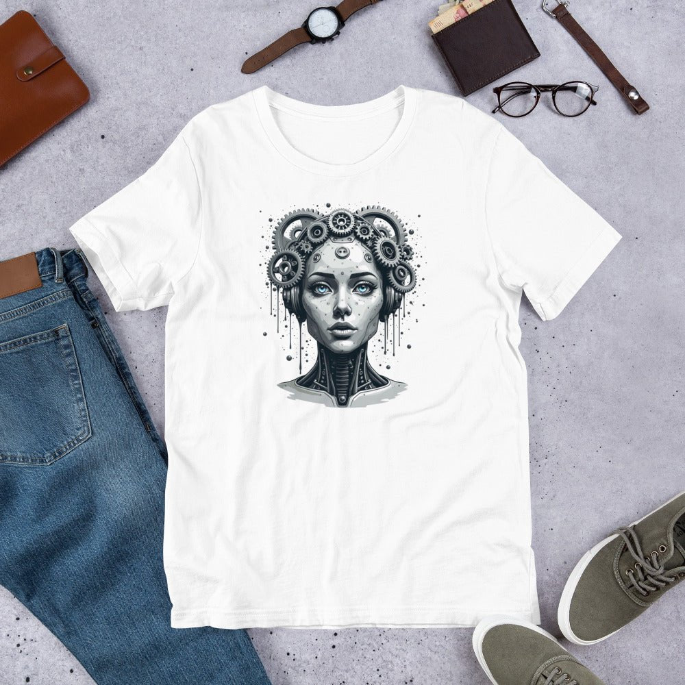 Female Gear Head Robot T-Shirt 2 (unisex) - White - AI Store