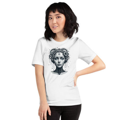 Female Gear Head Robot T-Shirt 2 (unisex) - White - AI Store