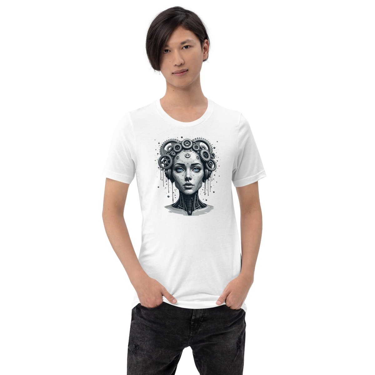 Female Gear Head Robot T-Shirt 2 (unisex) - White - AI Store