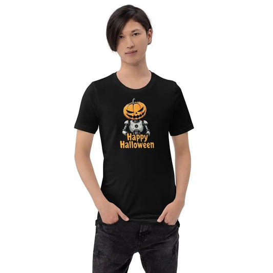 The Happy Halloween Robot with Pumpkin Head T-shirt 2 (unisex) 🎃.