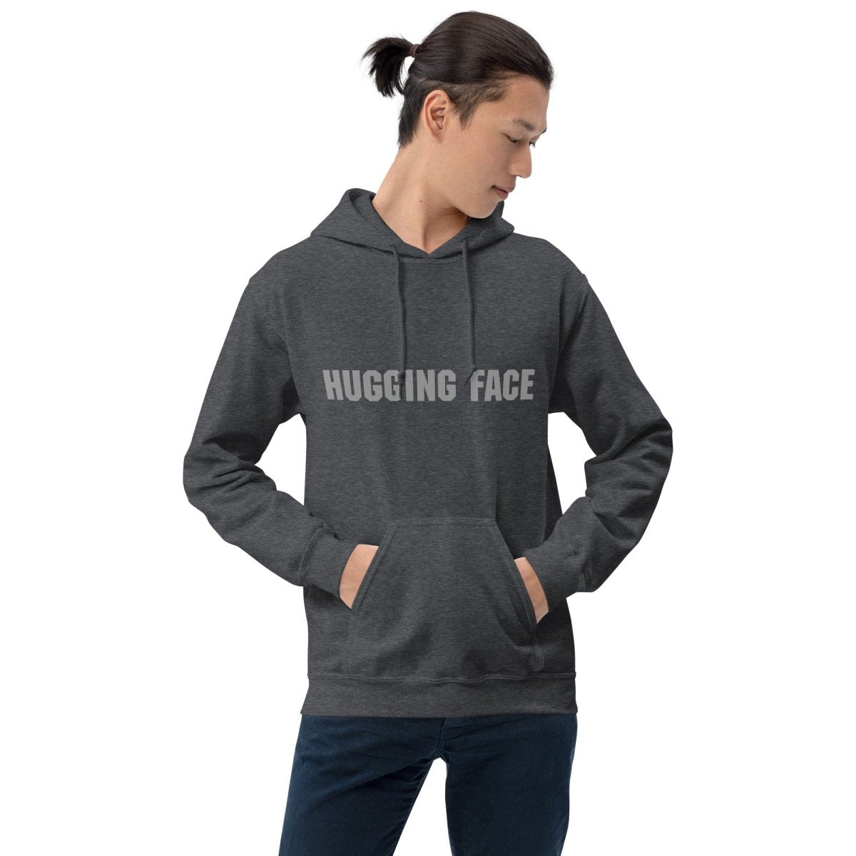 Hugging Face in Gray Hoodie (unisex) - Dark Heather - AI Store