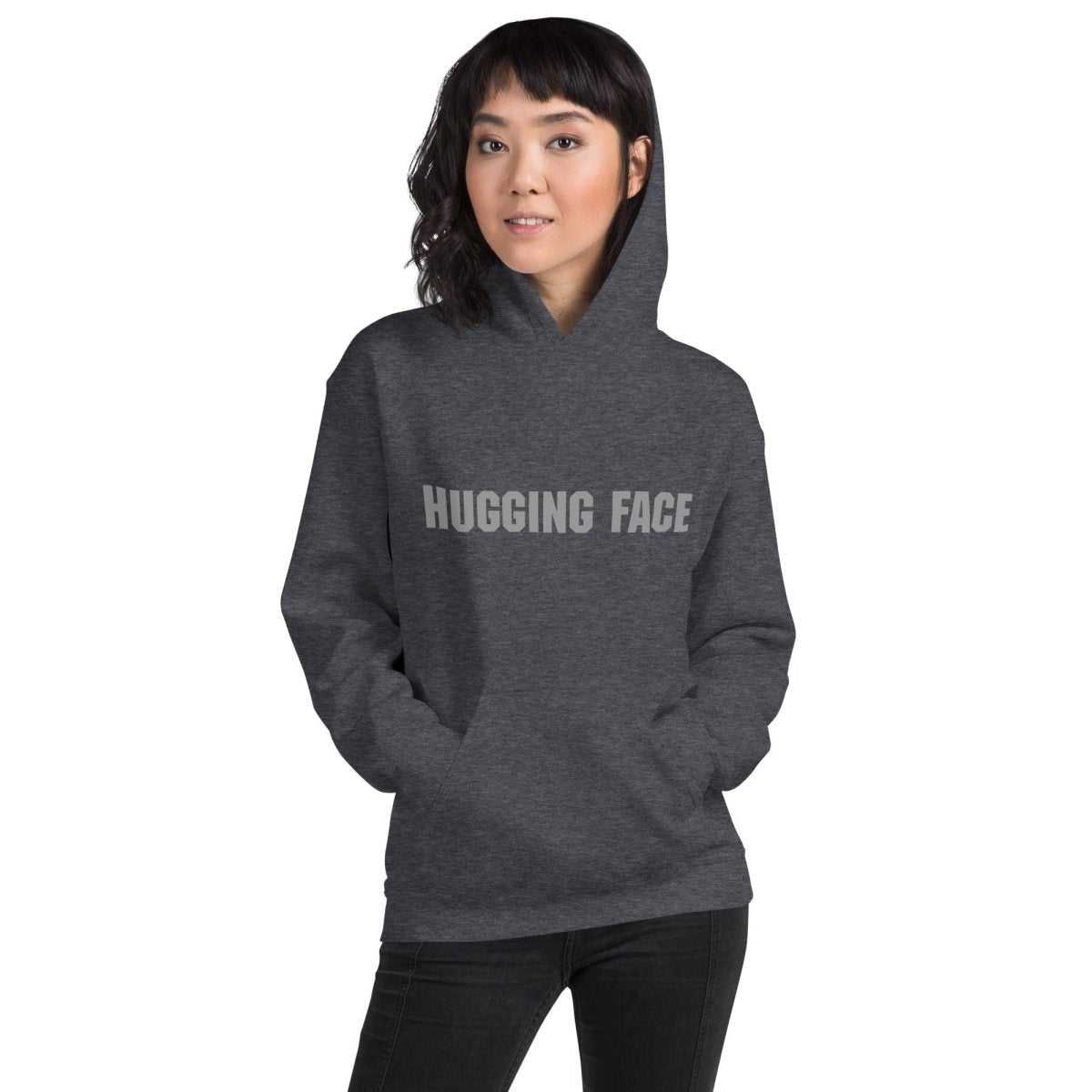 Hugging Face in Gray Hoodie (unisex) - Dark Heather - AI Store