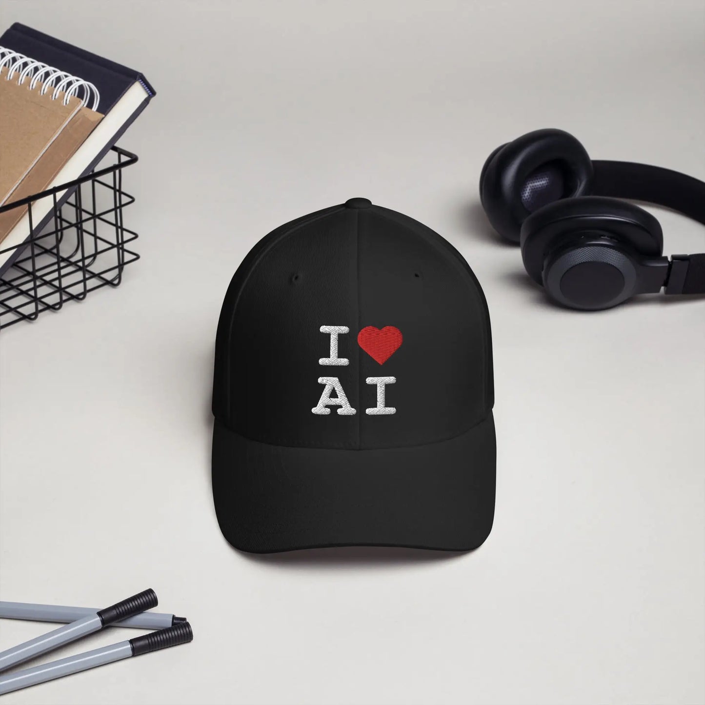 I Heart AI Embroidered Closed-Back Baseball Cap 1