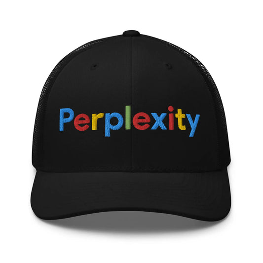 The Perplexity Search Logo Embroidered Trucker Cap Black.