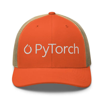 PyTorch White Logo Embroidered Trucker Cap - Rustic Orange + Khaki