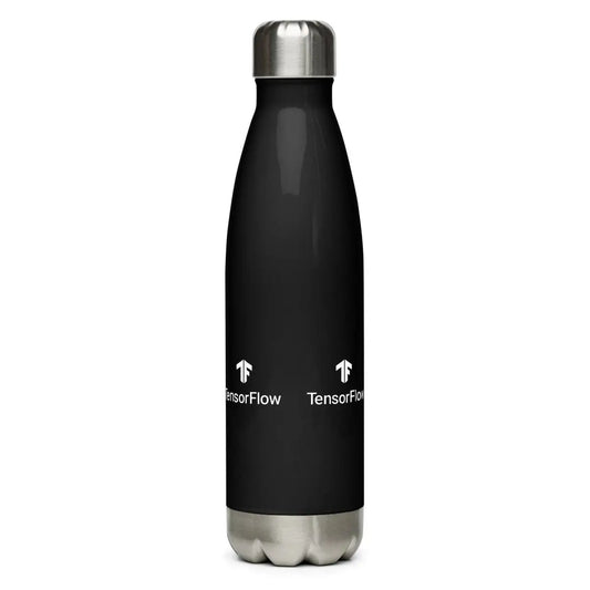 The Tensorflow White Stacked Logo Black Stainless Steel Water Bottle.