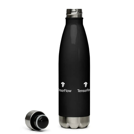 The Tensorflow White Stacked Logo Black Stainless Steel Water Bottle.