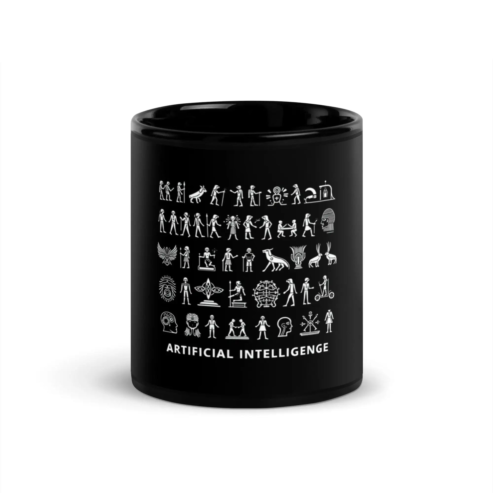 The Story of AI in Hieroglyphs Black Glossy Mug - 11 oz