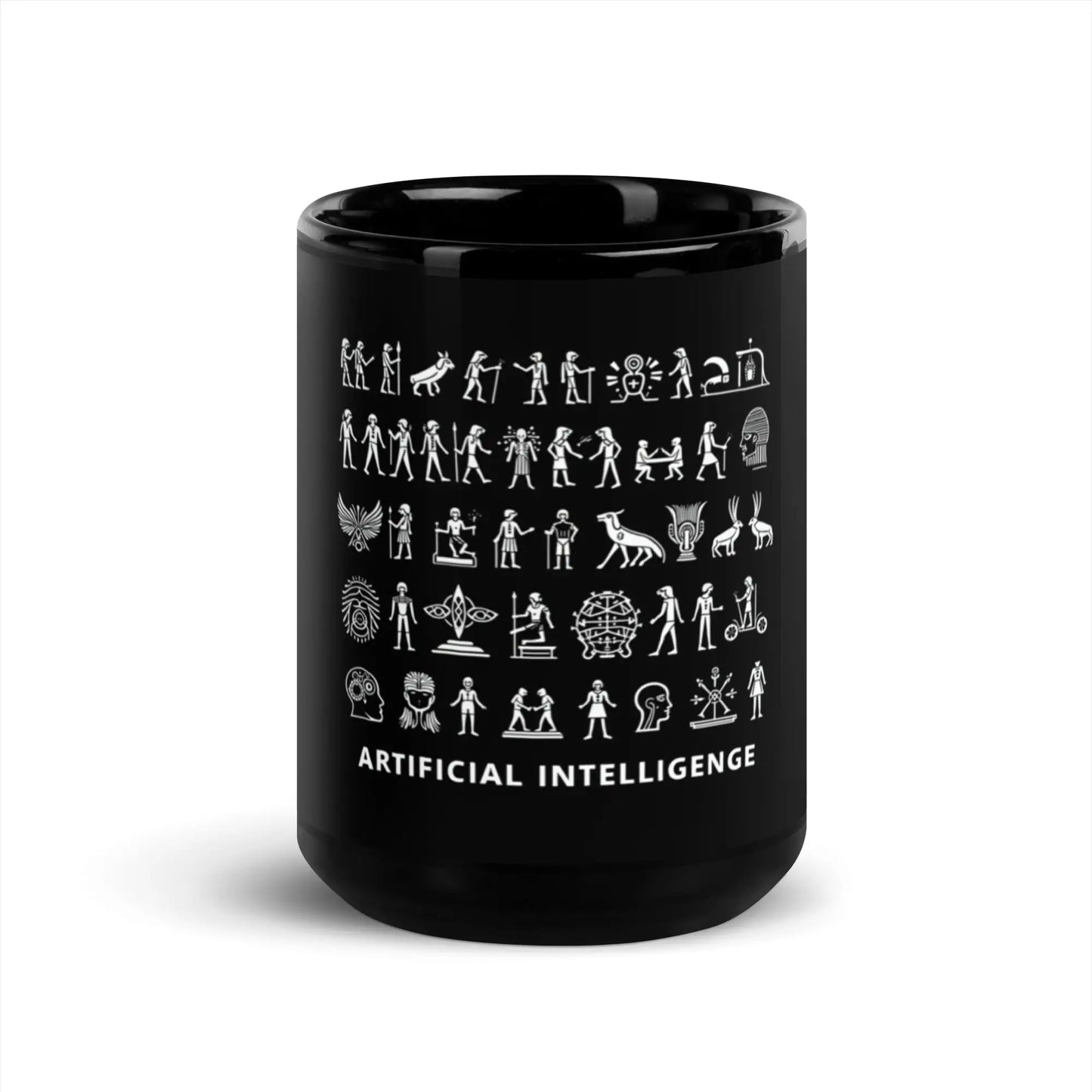 The Story of AI in Hieroglyphs Black Glossy Mug - 15 oz