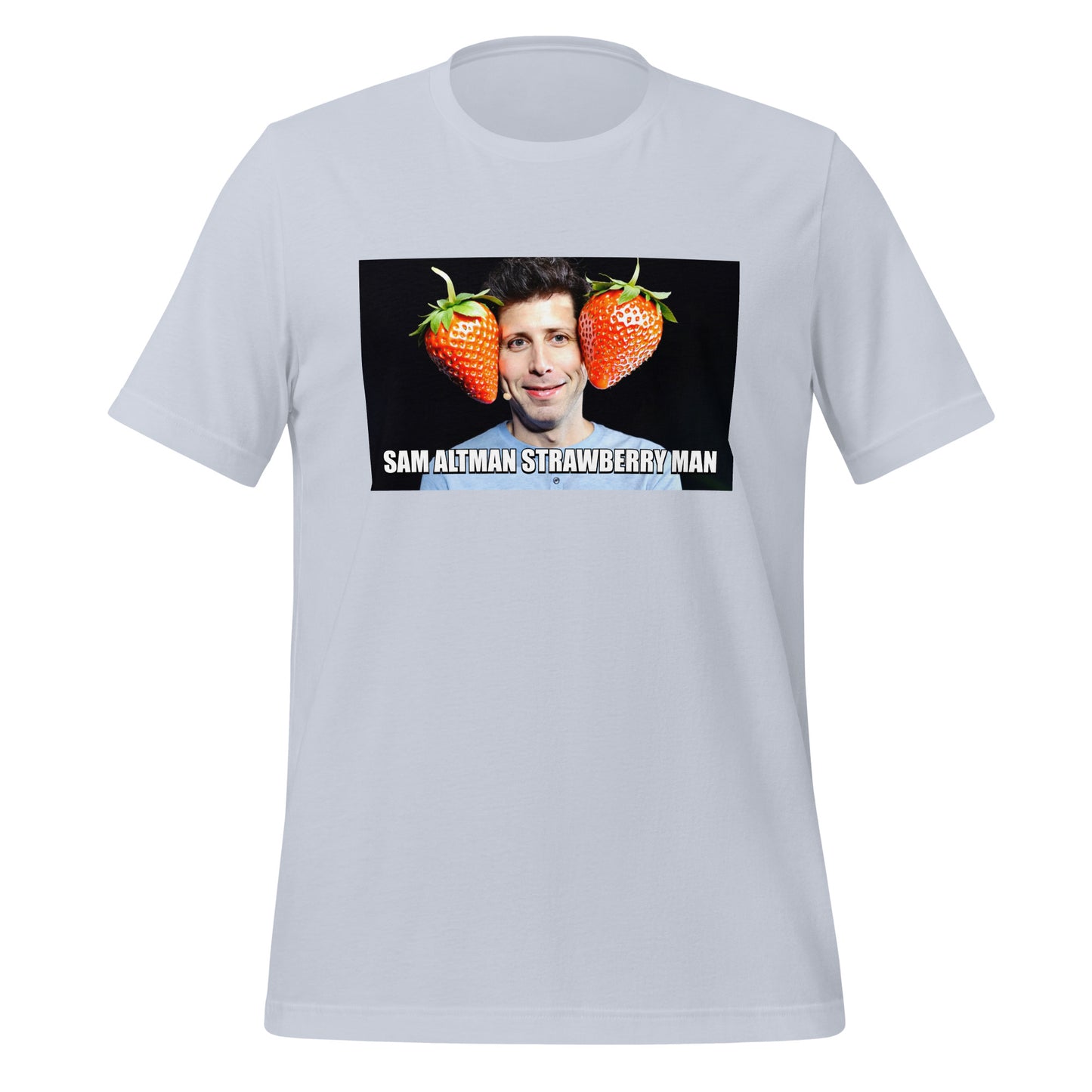 Sam Altman Strawberry Man Meme T-Shirt (unisex) - Light Blue - AI Store