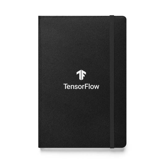 The White Stacked Tensorflow 2 Logo Hardcover Bound Notebook Black.